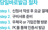 당일바로발급절차. step1.신청서 작성 후 요금 결제. step2.구비서류준비. step3.우체국 or 기업은행 방문. step4.PC를 통해 인증서 발급